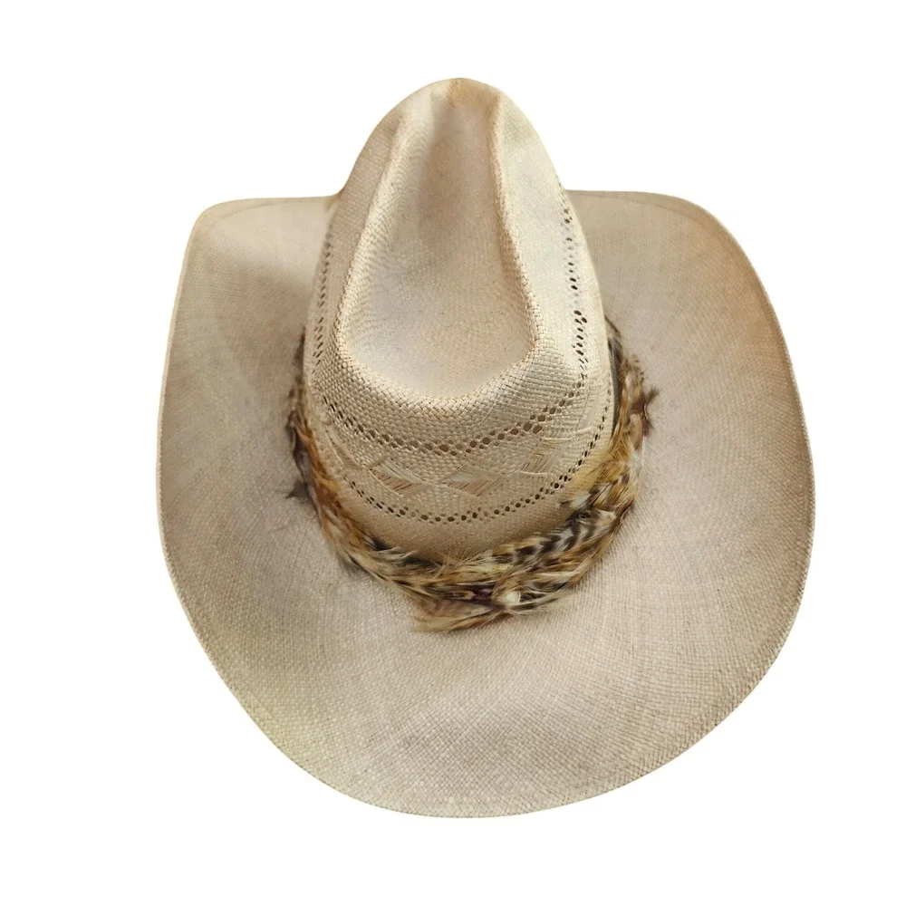 Stetson Roadrunner Vintage Straw Cowboy Hat Feather Band Bryantcote Finish Sz7